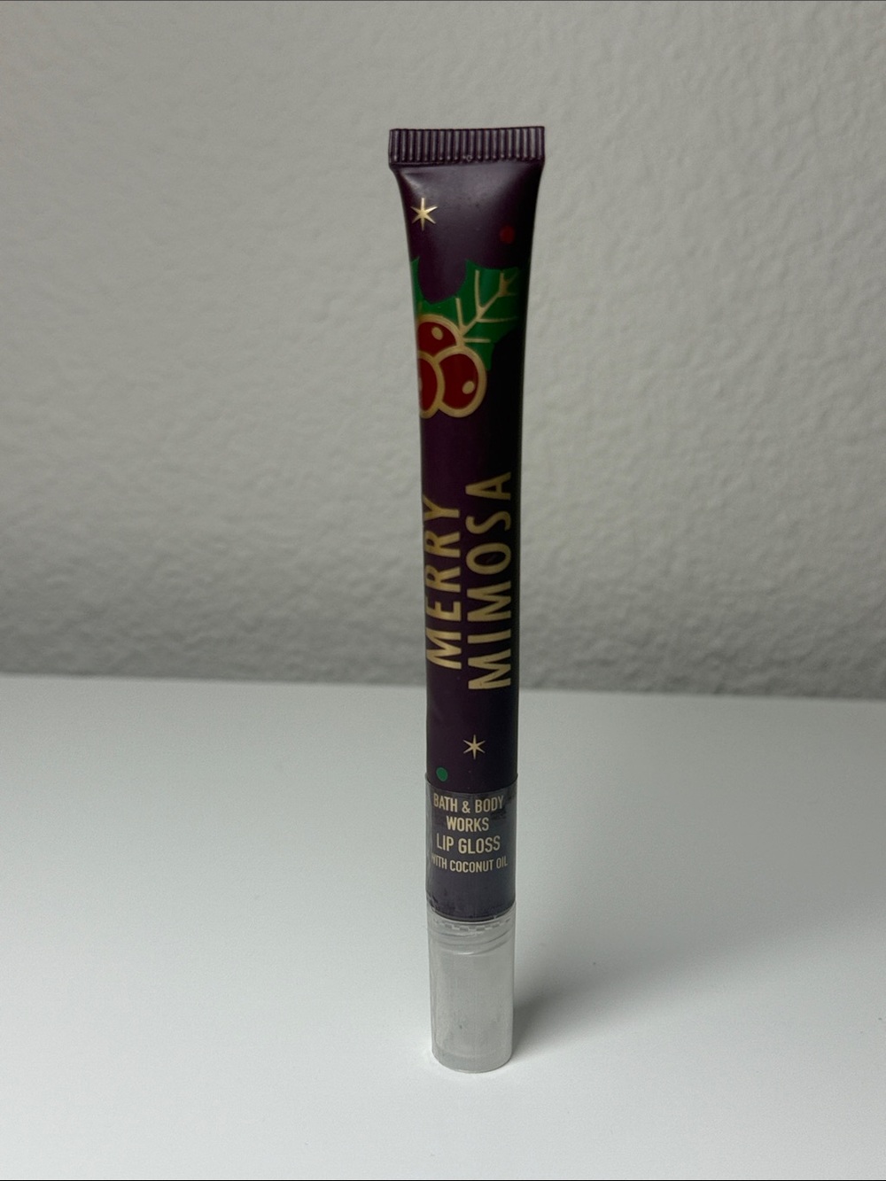 Bath & Body Works Merry Mimosa Lip Gloss - Plum Tube with Gold & Green Accents